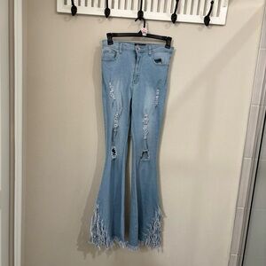 Women's Distressed Bellbottom shredded Blue Jeans 0021
